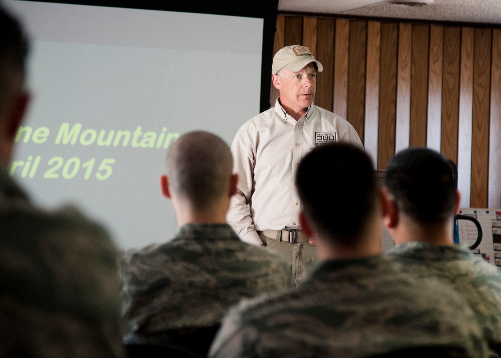 CHEYENNE MOUNTAIN AIR FORCE STATION, Colo. – Robi Powers, veteran and founder of the American300 tour, meets with members of the 721st Security Forces Squadron during an American300 tour of the Mountain April 13, 2015. The American300 is a volunteer, non-profit organization which focuses on spending quality time with service members, bringing subject matter experts on resiliency to mentor and embed a sense of hope and understanding of the capabilities people possess in certain situations whether it is in war or on the home front. (U.S. Air Force photo by Senior Airman Tiffany DeNault)