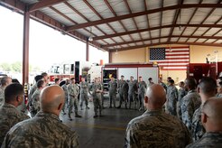 Chief Master Sgt. of the Air Force James A. Cody discusses the vital role of each Airman during a visit to the fire station April 14, 2015, at Joint Task Force - Bravo, Soto Cano Air Base, Honduras. Throughout the day, Cody made his way through each section of the 612th Air Base Squadron, meeting Airmen and touring facilities. (U.S. Air Force photo by Staff Sgt. Jessica Condit)