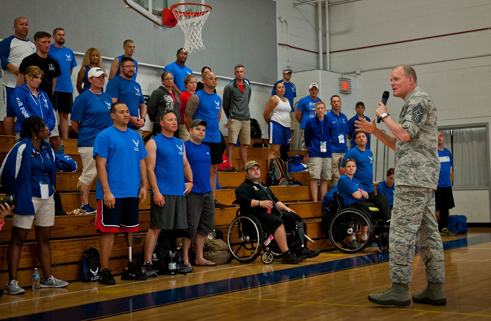 Chief Master Sgt. of the Air Force James Cody speaks to the Air Force's Wounded Warrior athletes during their training camp at Eglin Air Force Base, Fla., April 19.  The Chief praised the athletes' efforts and encouraged them to give their all at the camp and the upcoming Warrior Games in June.  (U.S. Air Force photo/Samuel King Jr.)