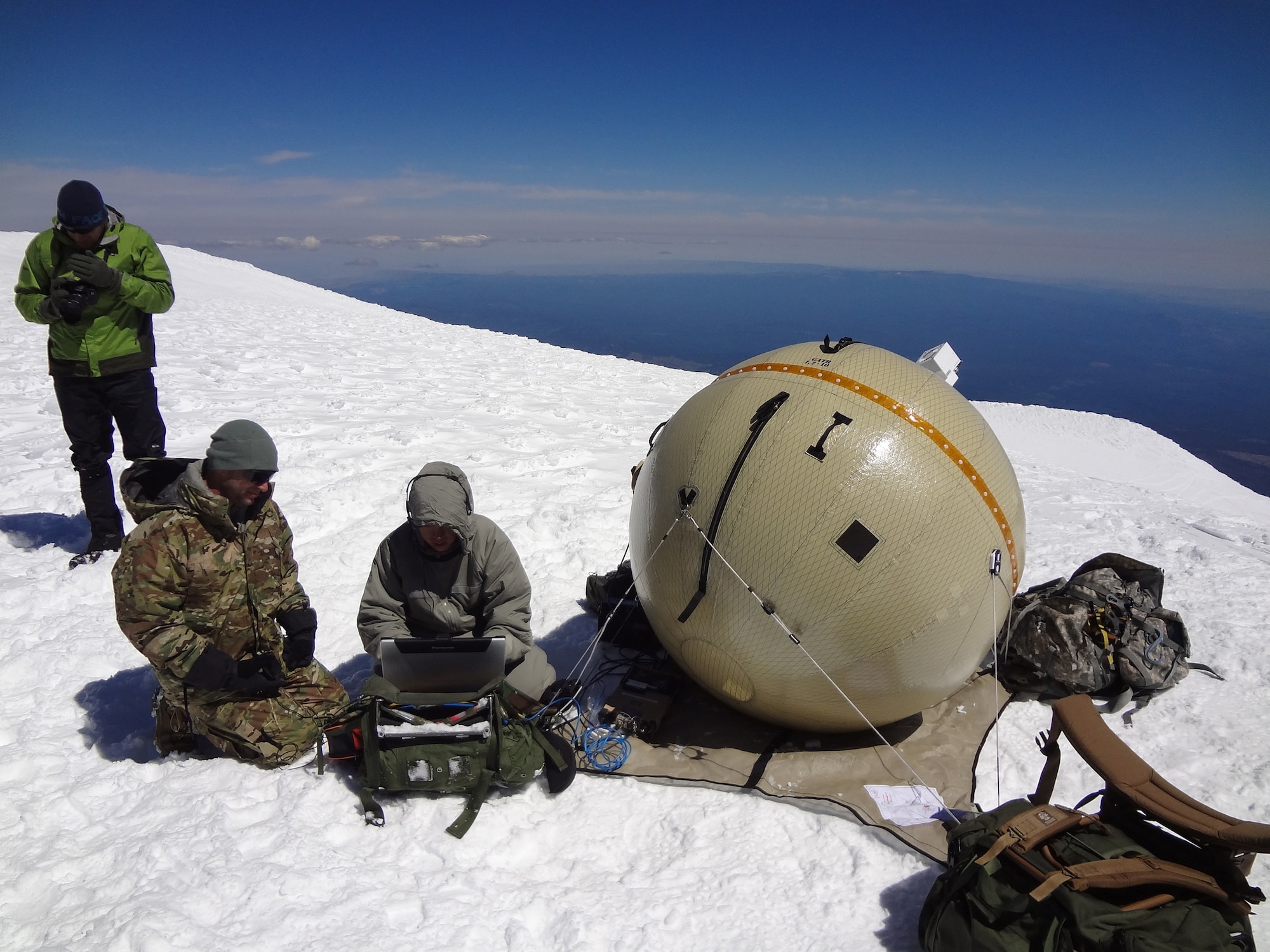 A GATR inflatable satellite communications antenna terminal is used during a special operations forces exercise in Mt Adams, Washington. (Air Force photo)