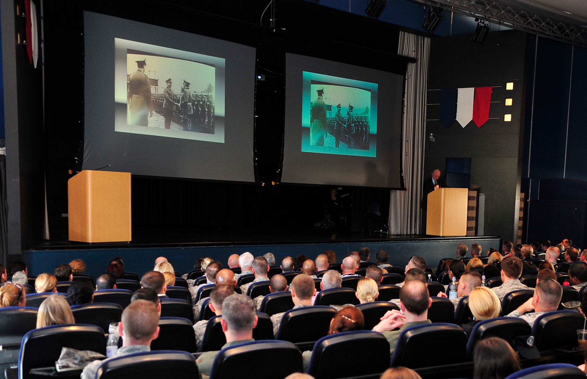 Friedrich Wilhelm von Hase, son of German army Lt. Gen. Paul von Hase, speaks to members of the Kaiserslautern Military Community during a Holocaust Remembrance Day ceremony April 15, 2015, at Ramstein Air Base, Germany. Von Hase spoke about his father’s life, death and the effect Operation Valkyrie, an attempt to assassinate Adolf Hitler, had on him and his family. (U.S. Air Force photo/Airman 1st Class Larissa Greatwood) 