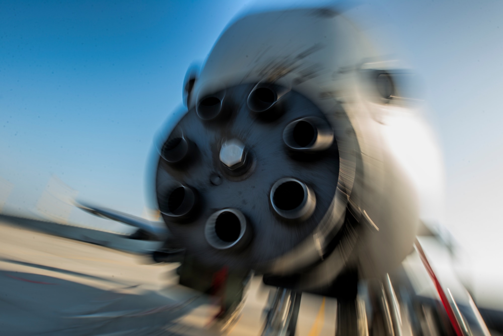 A 30mm GAU-8 Avenger rotary cannon of a U.S. Air Force A-10 Thunderbolt II attack aircraft assigned to the 354th Expeditionary Fighter Squadron is displayed during a theater security package deployment at Namest Air Base, Czech Republic, April 15, 2015. The A-10 supports Air Force missions around the world as part of the U.S. Air Force's current inventory of strike platforms, including the F-15 Strike Eagle and the F-16 Fighting Falcon fighter aircraft. (U.S. Air Force photo by Staff Sgt. Christopher Ruano/Released/Released)