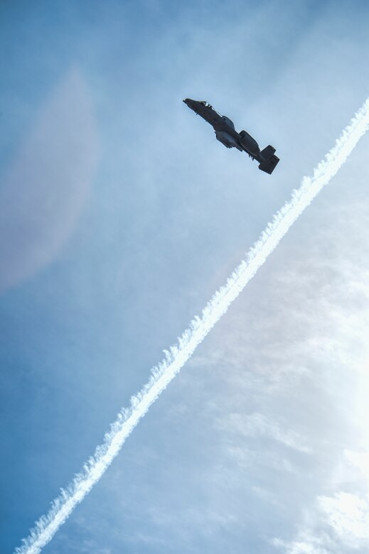 A U.S. Air Force A-10 Thunderbolt II attack aircraft assigned to the 354th Expeditionary Fighter Squadron flies during a theater security package deployment to Namest Air Base, Czech Republic, April 14, 2015. The exercise consisted of close air support training between pilots from the 354th Expeditionary Fighter Squadron and Czech Republic air force JTACs. (U.S. Air Force photo by Staff Sgt. Christopher Ruano/Released)