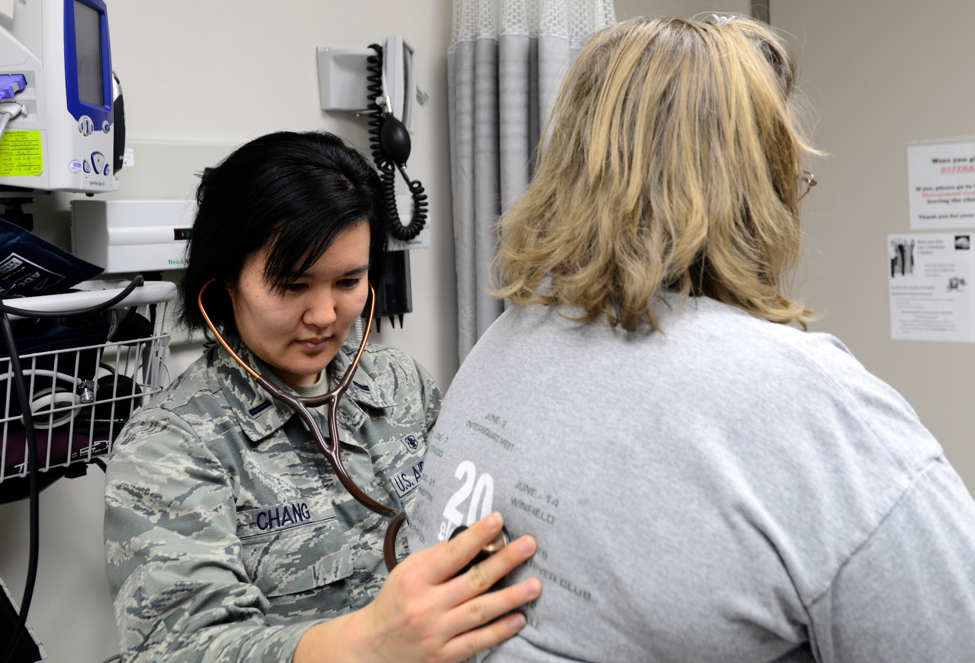 1st Lt. Sharon Chang, 22nd Medical Operations Squadron Family Nurse Practitioner, listens to a patient’s lungs during an exam, April 20, at McConnell Air Force Base, Kan. FNPs are part of a primary care management team who serve more than 11,000 beneficiaries across Team McConnell. (U.S. Air Force photo by Senior Airman Trevor Rhynes)