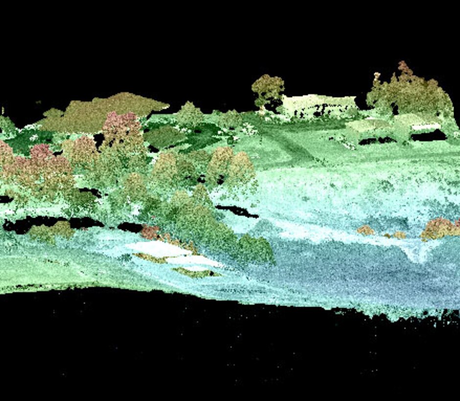 USACE created HyperCube to analyze and display multi- and hyper-spectral imagery.  This example shows a partially colorized image generated from a Lidar point cloud at a viewing angle of 60 degrees.