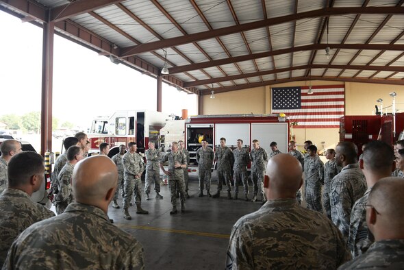 Chief Master Sgt. of the Air Force James A. Cody discusses the vital role of each Airman during a visit to the fire station April 14, 2015, at Joint Task Force -Bravo, Soto Cano Air Base, Honduras. Throughout the day, Cody made his way through each section of the 612th Air Base Squadron, meeting Airmen and touring facilities. (U.S. Air Force photo/Staff Sgt. Jessica Condit)