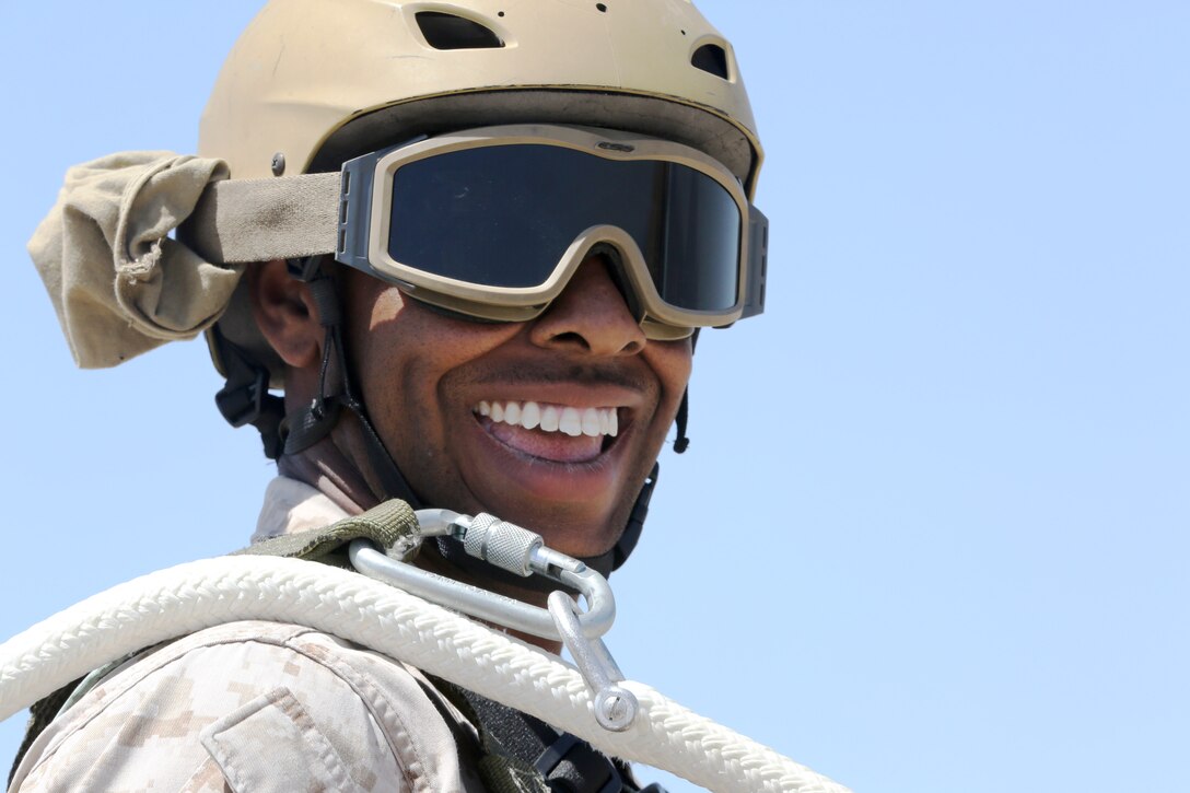 Reconnaissance Training Company Marines received an aerial view of Camp Pendleton during Special Patrol Insertion/Extraction training at San Mateo Landing Zone, April 17. The Marines, students of the Basic Reconnaissance Course, took turns being hoisted into the air by helicopter during the SPIE portion of their Helicopter Rope Suspension Training. During the course of HRST the students learn SPIE rigging, rappelling and fast rope techniques. 
