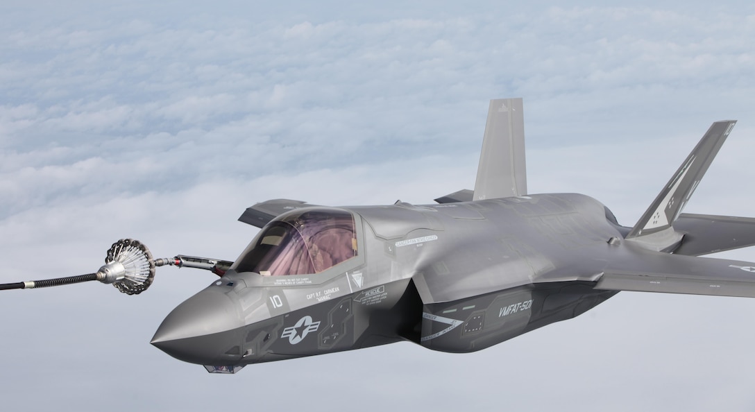 A naval aviator with Marine Fighter Attack Training Squadron 501 pilots an F-35B Lightning II Joint Strike Fighter above Eastern North Carolina during aerial refueling training with Marine Aerial Refueler Transport Squadron 252, April 14, 2015. VMFAT-501 is the Corps’ only active training squadron for the F-35B, which provides a multi-role, fifth-generation fighter attack capability for the Marine Air-Ground Task Force. VMFAT-501 is based at Marine Corps Air Station Beaufort, S.C., and VMGR-252 is based at MCAS Cherry Point.
