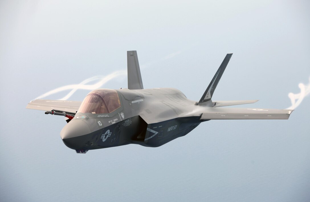 A naval aviator with Marine Fighter Attack Training Squadron 501 flies above Eastern North Carolina inside of an F-35B Lightning II Joint Strike Fighter during aerial refueling training with Marine Aerial Refueler Transport Squadron 252, April 14, 2015. VMFAT-501 is the Corps’ only active training squadron for the F-35B, which provides a multi-role, fifth-generation fighter attack capability for the Marine Air-Ground Task Force. VMFAT-501 is based at Marine Corps Air Station Beaufort, S.C., and VMGR-252 is based at MCAS Cherry Point.