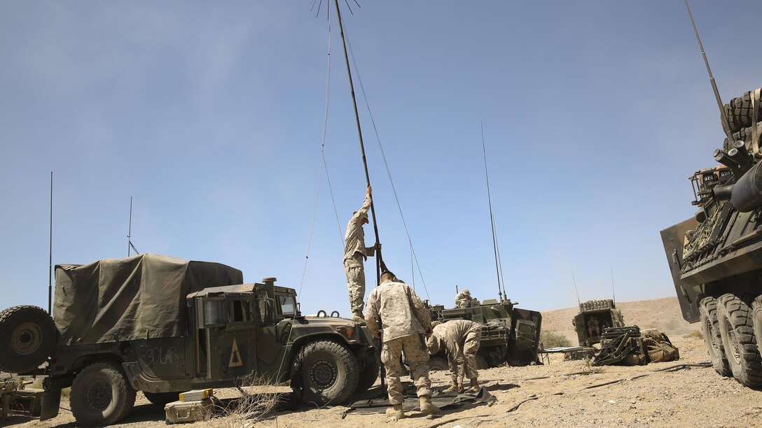 Marines with 3rd Light Armored Reconnaissance Battalion set up a communications network for a combat operations center during Exercise Desert Scimitar aboard the Combat Center, April 12, 2015. The network enabled Marines to send imagery and video throughout the division during the exercise.