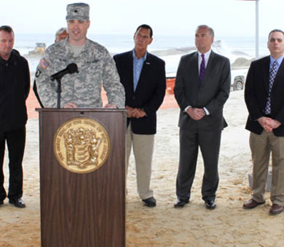 USACE Philadelphia District Commander Lt. Col. Michael Bliss joined Congressman Frank LoBiondo, NJDEP Commissioner Bob Martin, and state and local officials on April 17 to kickoff dredging and beachfill operations in Ocean City, N.J. as part of the Great Egg Harbor Inlet to Townsends Inlet project. 