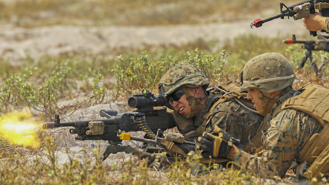 Marines with 3rd Marine Regiment provide cover fire during a bilateral amphibious landing by the Philippine and U.S. Marines, April 21, on North Beach at the Naval Education Training Center in Zambales, Philippines, as part of exercise Balikatan 2015. Designed to assault any shoreline from the well decks of Navy assault ships, Amphibious Assault Vehicles are highly mobile, tracked armored amphibious vehicles that transport Marines and cargo to and through hostile territory. Balikatan, which translates to “shoulder-to-shoulder” in Filipino, is an annual bilateral exercise between the AFP and the U.S. military, which focuses on improving security cooperation activities, humanitarian assistance and disaster relief capabilities, and crisis response throughout the region in accordance with the Mutual Defense Board and Security Engagement Board.