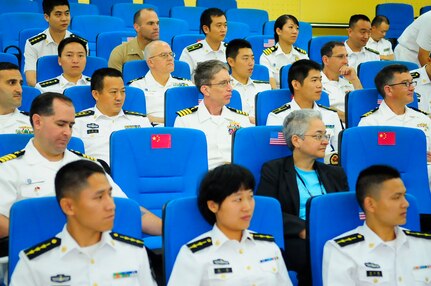 ZHANJIANG, People’s Republic of China (April 21, 2015) – Senior navy leaders from the People’s Liberation Army Navy PLA(N) and U.S. 7th Fleet listen to discussions during a professional exchange of ideas in a variety of technical and operational topics at South Sea Fleet Headquarters. The U.S. 7th Fleet flagship USS Blue Ridge (LCC 19) is conducting a port visit to Zhanjiang to build naval partnerships with China’s South Sea Fleet to ensure peace and prosperity for the entire region. 