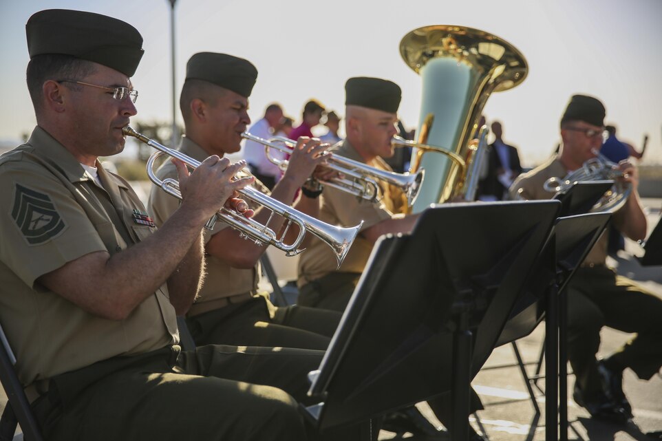 1st Marine Division brass quintet, directed by Staff Sgt. Alexander Panes, plays a rendition of John Newton’s ‘Amazing Grace’ during the post office dedication ceremony for retired Col. Marcel Jacques ‘Mac’ Dube, held at the United States Post Office of Twentynine Palms, Calif., April 17, 2015. The post office was named in honor of Dube for his significance in the Twentynine Palms community. (Official Marine Corps photo by Pfc. Levi Schultz/Released)