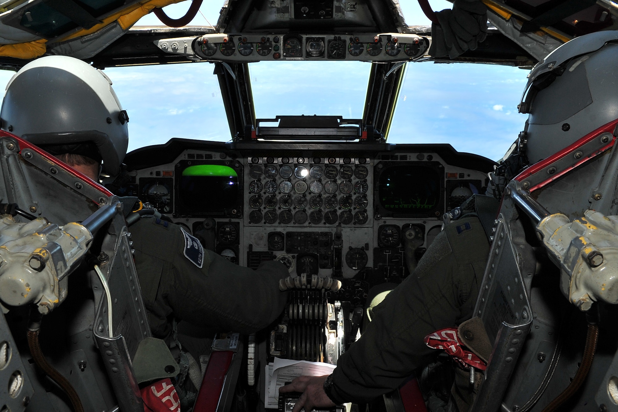 Capt. Keith Vandagriff, 20th Expeditionary Bomb Squadron pilot, and Capt. Shane Dow, 20th EBS co-pilot, fly a B-52H Stratofortress during a training mission in the Asia-Pacific region April 15, 2015. The B-52 crews are deployed from Barksdale AFB, La., to Andersen AFB, Guam, in support of U.S. Pacific Command’s Continuous Bomber Presence to strengthen regional security and stability. (U.S. Air Force photo by Staff Sgt. Melissa B. White/Released)