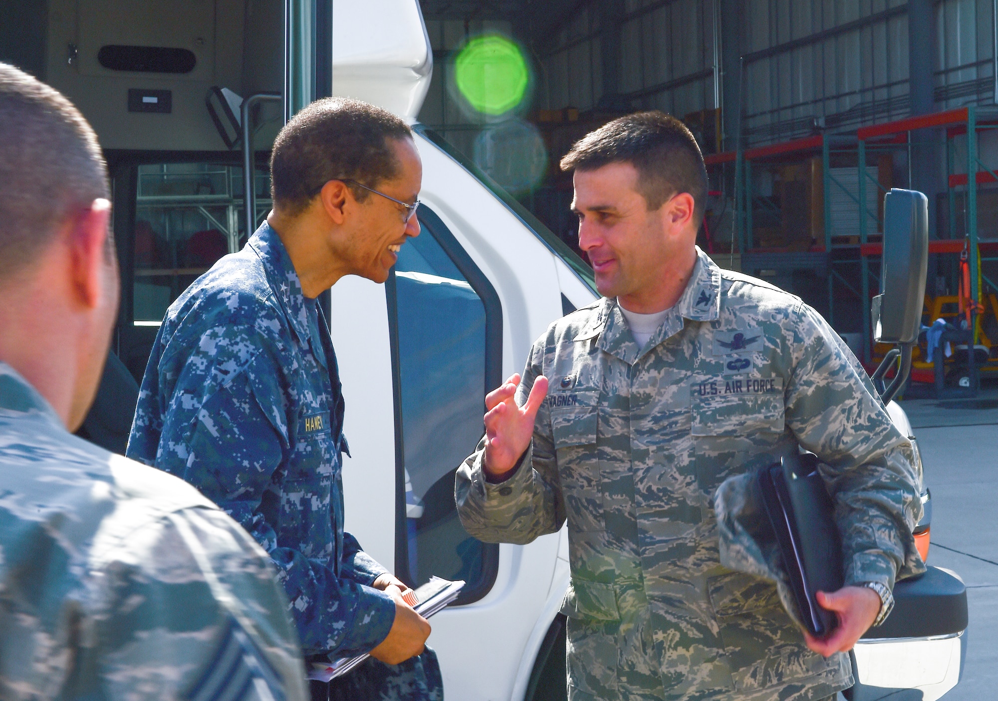 U.S. Navy Adm. Cecil D. Haney (center left), U.S. Strategic Command commander, is greeted by U.S. Air Force Col. John Wagner, 460th Space Wing commander, and members of his staff after arriving at Buckley Air Force Base, Colo., April 20, 2015. During his visit, Haney toured Buckley’s missile alert facilities and met with Airmen and Sailors from the base to discuss their role in supporting USSTRATCOM’s global strategic missions. USSTRATCOM is one of nine DoD unified combatant commands and is charged with strategic deterrence; space operations; cyberspace operations; joint electronic warfare; global strike; missile defense; intelligence, surveillance and reconnaissance; combating weapons of mass destruction; and analysis and targeting. (U.S. Air Force photo by Amn. 1st Class Luke W. Nowakowski)