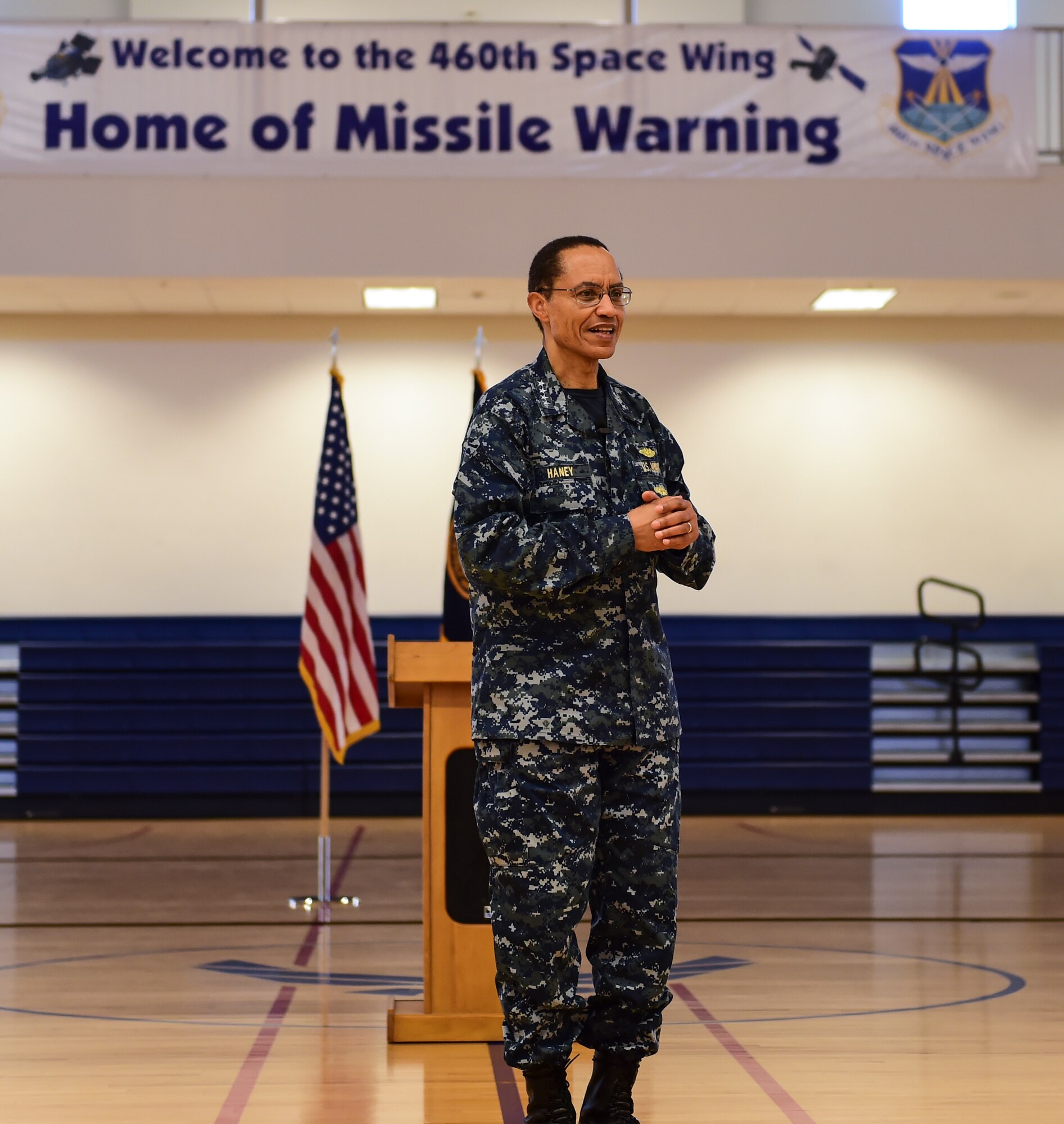 U.S. Navy Adm. Cecil D. Haney, U.S. Strategic Command commander, discusses how to overcome current and future strategic challenges during an all-hands call at Buckley Air Force Base, Colo., April 20, 2015. During his visit, Haney toured Buckley’s missile warning facilities and met with Airmen and Sailors from the base to discuss their role in supporting USSTRATCOM’s global strategic missions. USSTRATCOM is one of nine DoD unified combatant commands and is charged with strategic deterrence; space operations; cyberspace operations; joint electronic warfare; global strike; missile defense; intelligence, surveillance and reconnaissance; combating weapons of mass destruction; and analysis and targeting. (U.S. Air Force photo by Amn. 1st Class Luke W. Nowakowski)