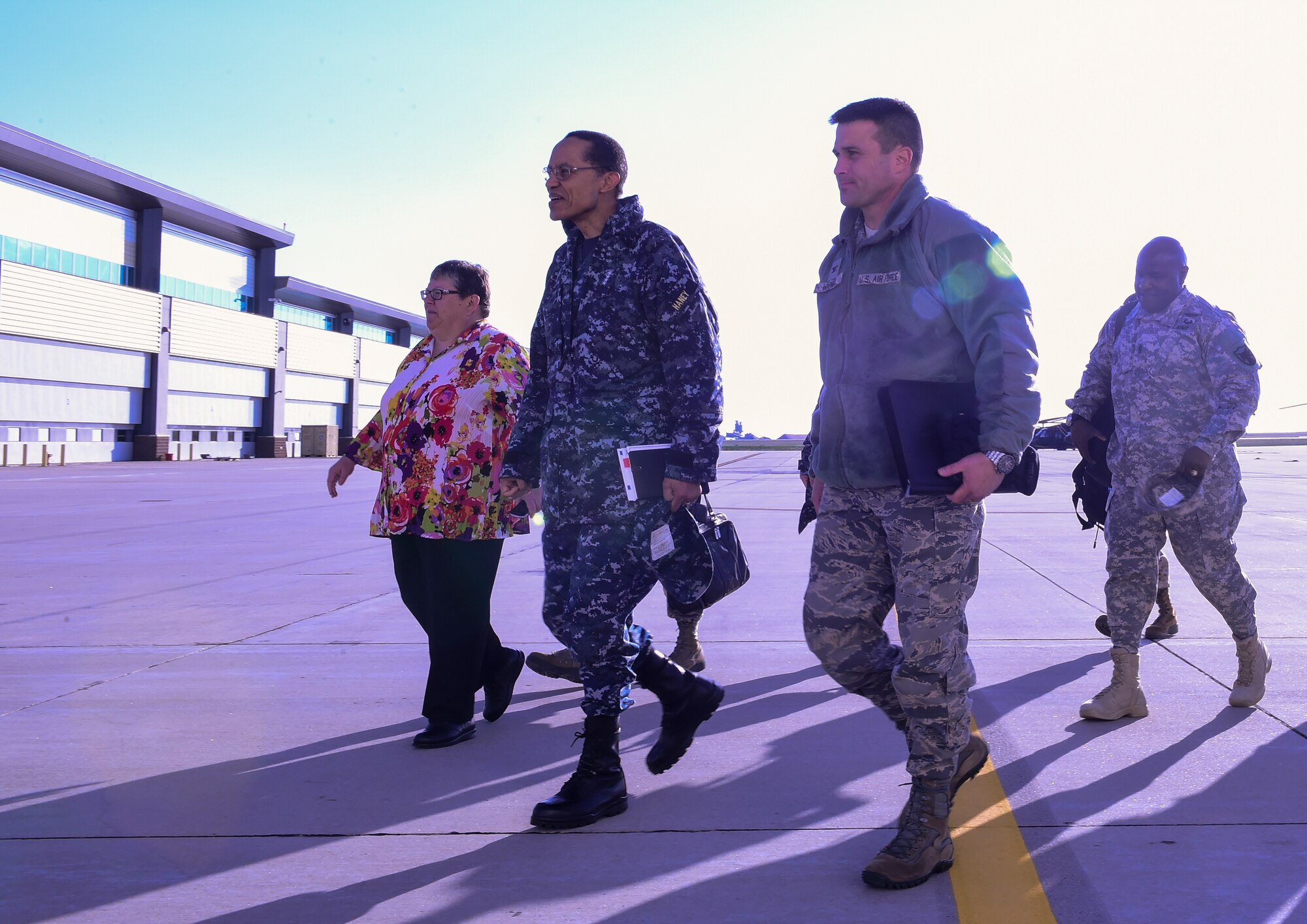 U.S. Navy Adm. Cecil D. Haney (second from left), U.S. Strategic Command commander, and U.S. Army Command Sgt. Maj. Patrick Z. Alston (right), USSTRATCOM senior enlisted leader, are greeted by U.S. Air Force Col. John Wagner, 460th Space Wing commander, and members of his staff after arriving at Buckley Air Force Base, Colo., April 20, 2015. During their visit, Haney and Alston toured Buckley’s missile warning facilities and met with Airmen and Sailors from the base to discuss their role in supporting USSTRATCOM’s global strategic missions. USSTRATCOM is one of nine DoD unified combatant commands and is charged with strategic deterrence; space operations; cyberspace operations; joint electronic warfare; global strike; missile defense; intelligence, surveillance and reconnaissance; combating weapons of mass destruction; and analysis and targeting. (U.S. Air Force photo by Amn. 1st Class Luke W. Nowakowski)