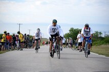 Competitors start the bike portion of the Adventure Race XI at Laughlin Air Force Base, Texas, April 18, 2015. The Laughlin Adventure Race began in 2004 and has grown into a major event for the Del Rio and Laughlin communities. More than 5,000 people have competed in the race across Val Verde County. (U.S. Air Force photo by Airman 1st Class Ariel D. Partlow)