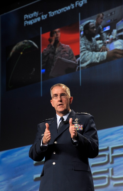 General John E. Hyten, commander of Air Force Space Command, recently identified several key actions to be taken to ensure U.S. strength in space for the future.  On Apr. 14 at the 2015 Space Symposium in Colorado Springs, Colo., he discussed his command priorities, changes in store for space crews, and new initiatives to assure access to space.  (Air Force photo by Duncan Wood)