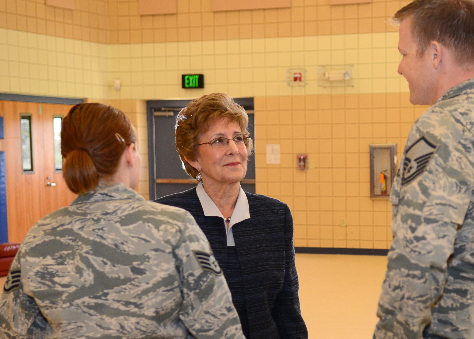Ruth Hartz, Holocaust survivor, greets U.S. Air Force Airmen at Langley Air Force Base, Va., April 16, 2015. After being sheltered by a French farm family and kept in a Catholic convent, Ruth survived the Holocaust and moved to the United States in 1958, where she married and raised a family. (U.S. Air Force photo by Airman 1st Class Devin S. Michaels/Released)