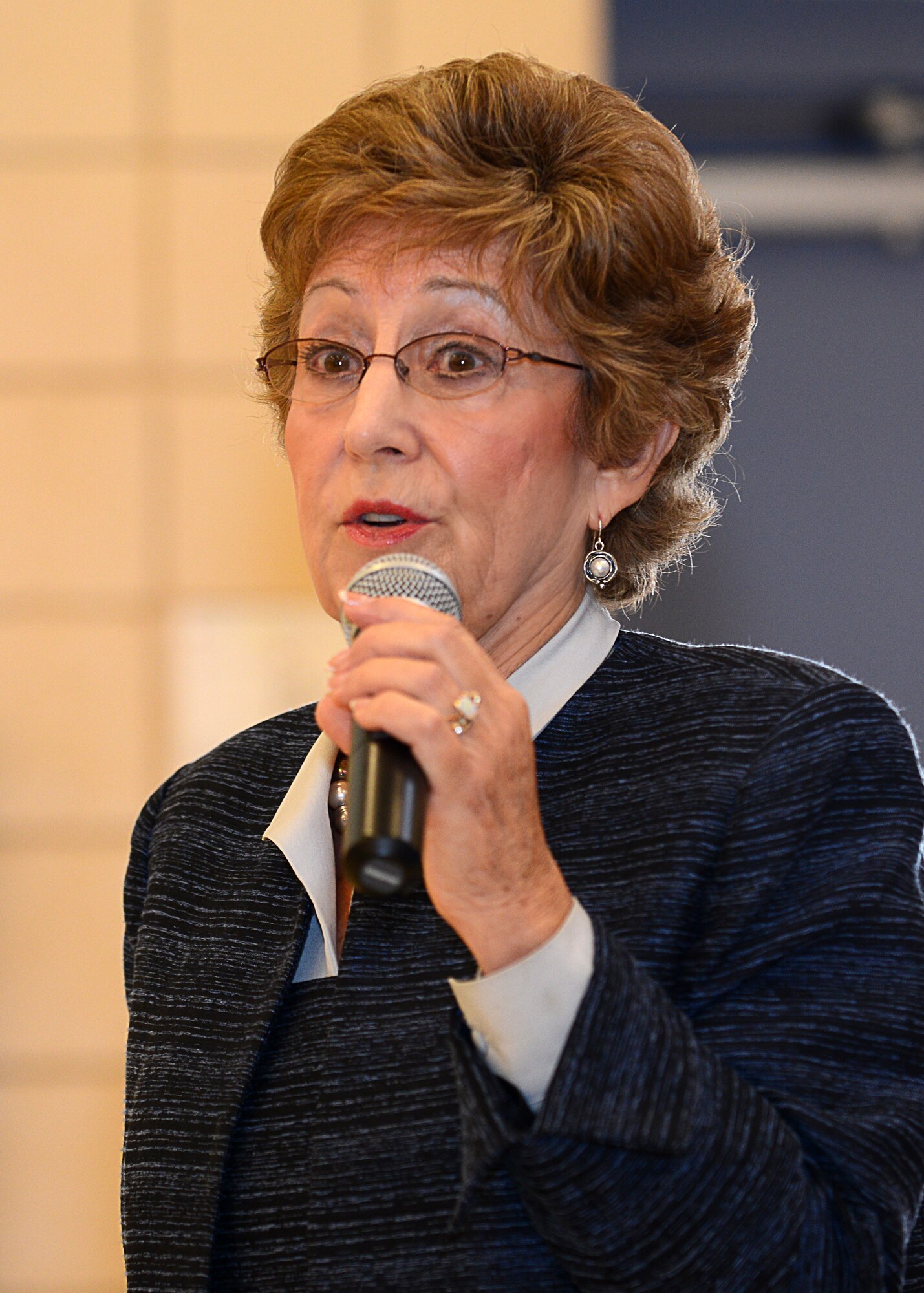 Ruth Hartz tells U.S. Air Force Airmen her story as a four-year-old girl who survived the Holocaust at Langley Air Force Base, Va., April 16, 2015. During her time in hiding, Hartz changed her name to Reneé to hide her Jewish identity. (U.S. Air Force photo by Airman 1st Class Devin S. Michaels/Released)