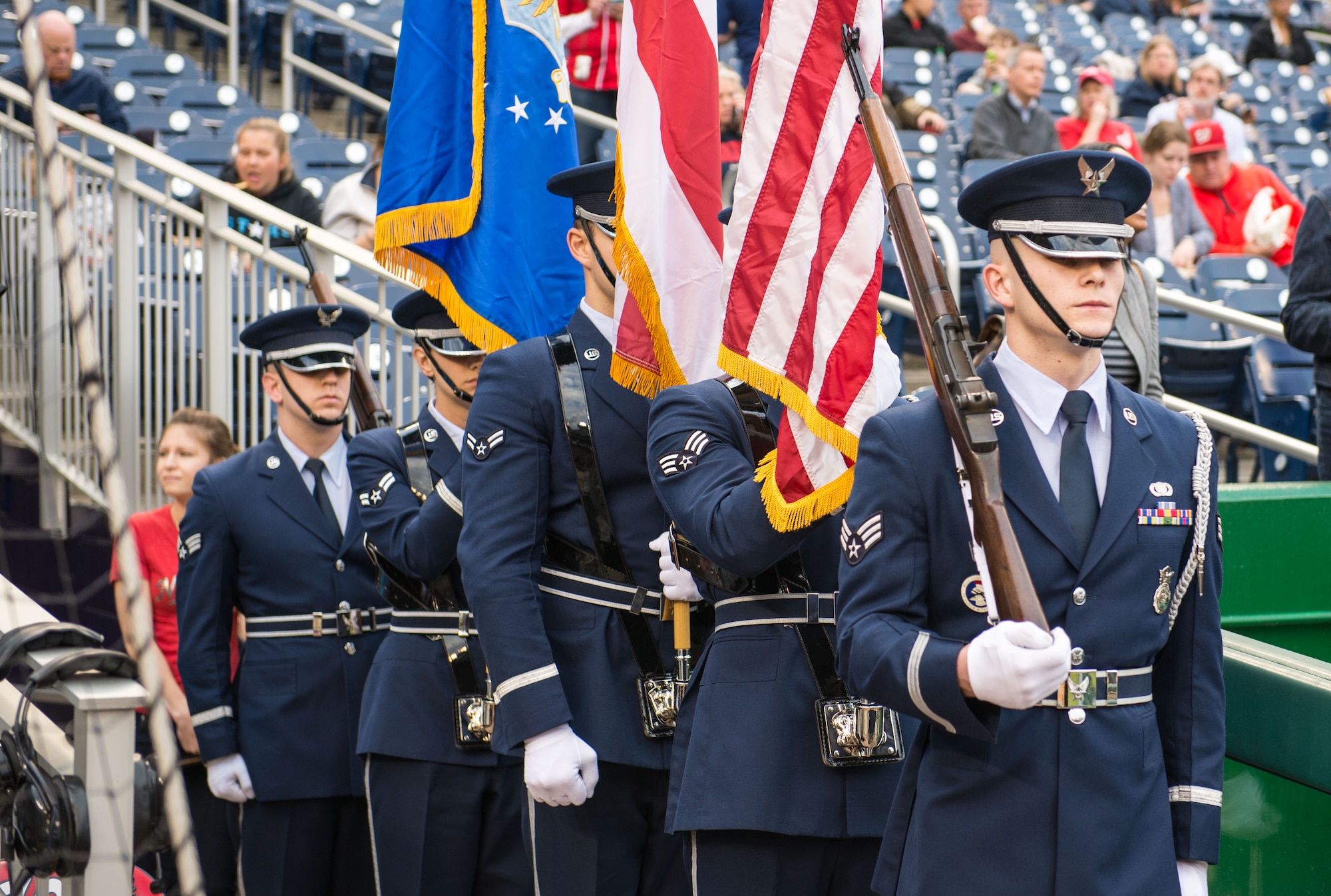Members of the Air Force Reserve's 459th Air Refueling Wing Honor Guard prepares to present the colors at Nationals Park Stadium before the Washington Nationals vs. Philadelphia Phillies game in Washington, April 17, 2015. The Honor Guard was invited to present celebration of black heritage day and in honor of the Air Force Reserve's 67th birthday. (U.S. Air Force photo by Staff Sgt. Devon Suits)