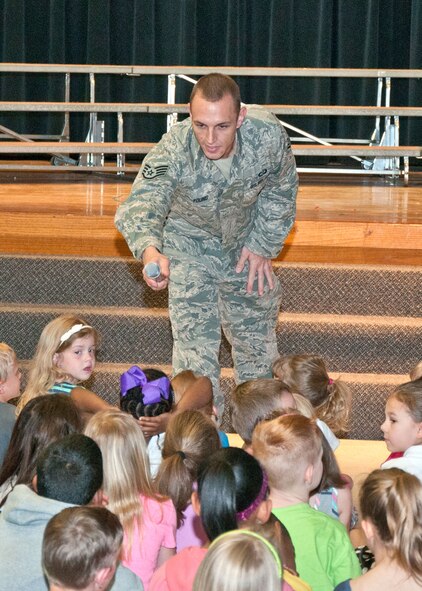 Staff Sgt. Jonathan Young, 71st Operations Support Squadron, Weather Flight forecaster, briefs students at Eisenhower Elementary, Vance Air Force Base, Oklahoma, about tornado safety during an assembly March 23. He talked about types of severe weather that affects Oklahoma, how to find a safe room, and the types of items that should be stored in a safe room. (U.S. Air Force photo \ Terry Wasson) 