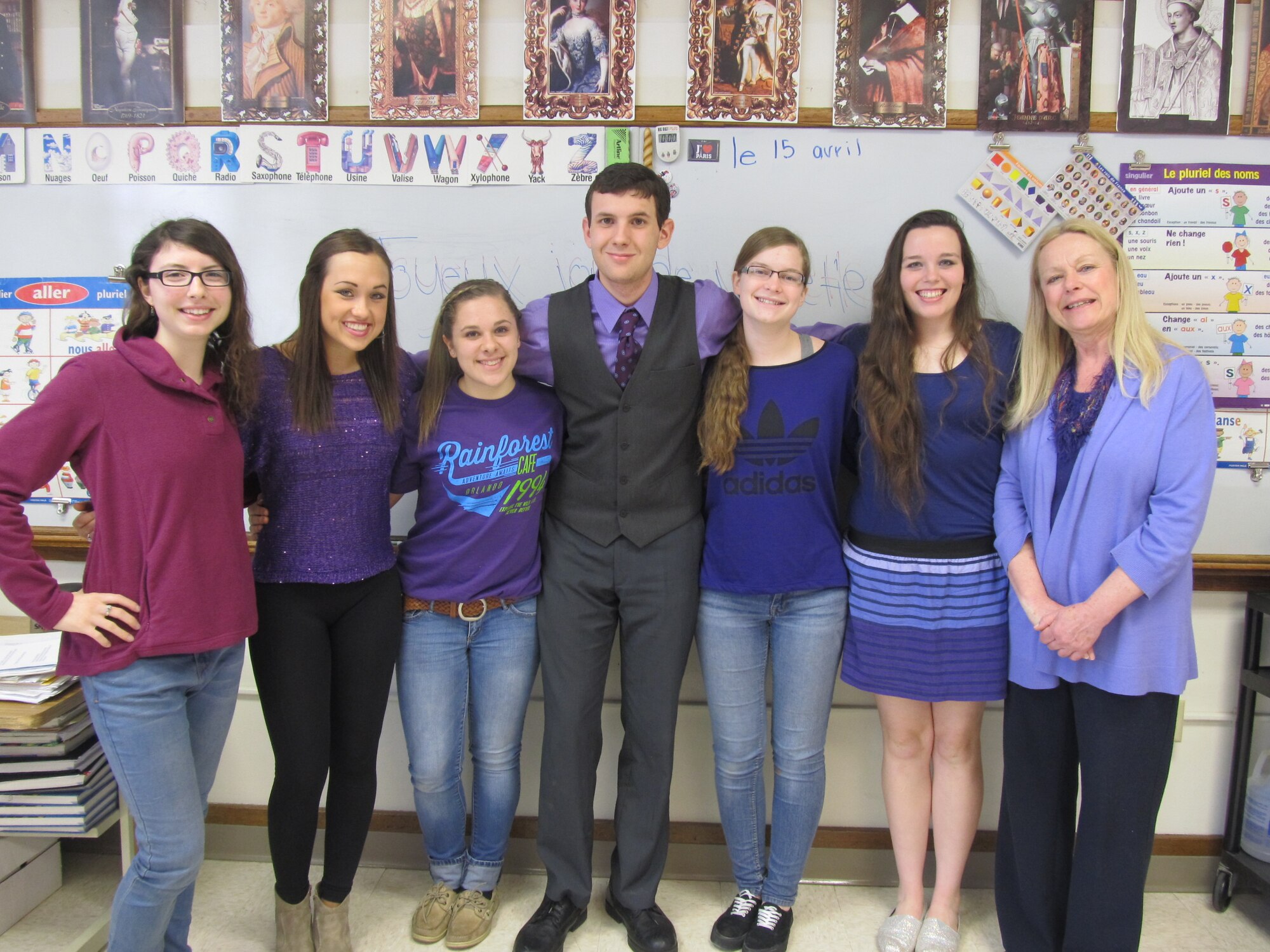 Dominic Curcione poses with classmates and teacher at Wilson High School, Wilson, N.Y., where, on April 15, 2015 students and teachers dressed in purple for the Purple Up! campaign to show support and recognize the sacrifices and strength of military children. (courtesy photo)  