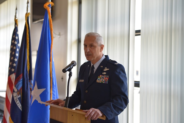 Newly promoted Col. Alan Ross, 109th Airlift Wing vice commander, speaks during his promotion ceremony at Stratton Air National Guard Base, New York, on April 19, 2015. Ross took over as vice commander in October of 2014. (U.S. Air National Guard photo by Mater Sgt. William Gizara/Released)