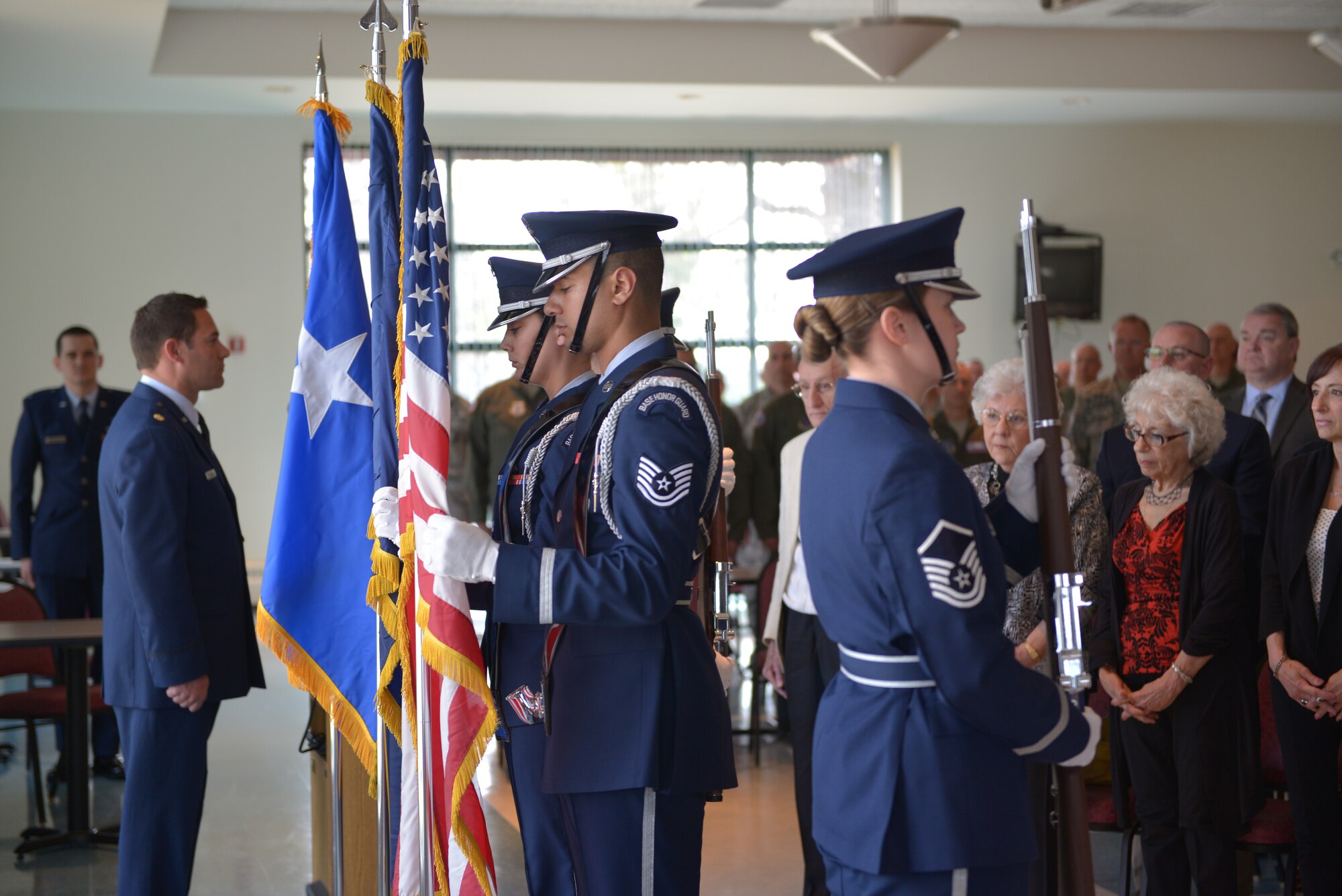 The Stratton Base Honor Guard posts the colors at the promotion ceremony of Col. Alan Ross, 109th Airlift Wing vice commander, at Stratton Air National Guard Base, New York, on April 19, 2015. Ross took over as vice commander in October of 2014. (U.S. Air National Guard photo by Mater Sgt. William Gizara/Released)