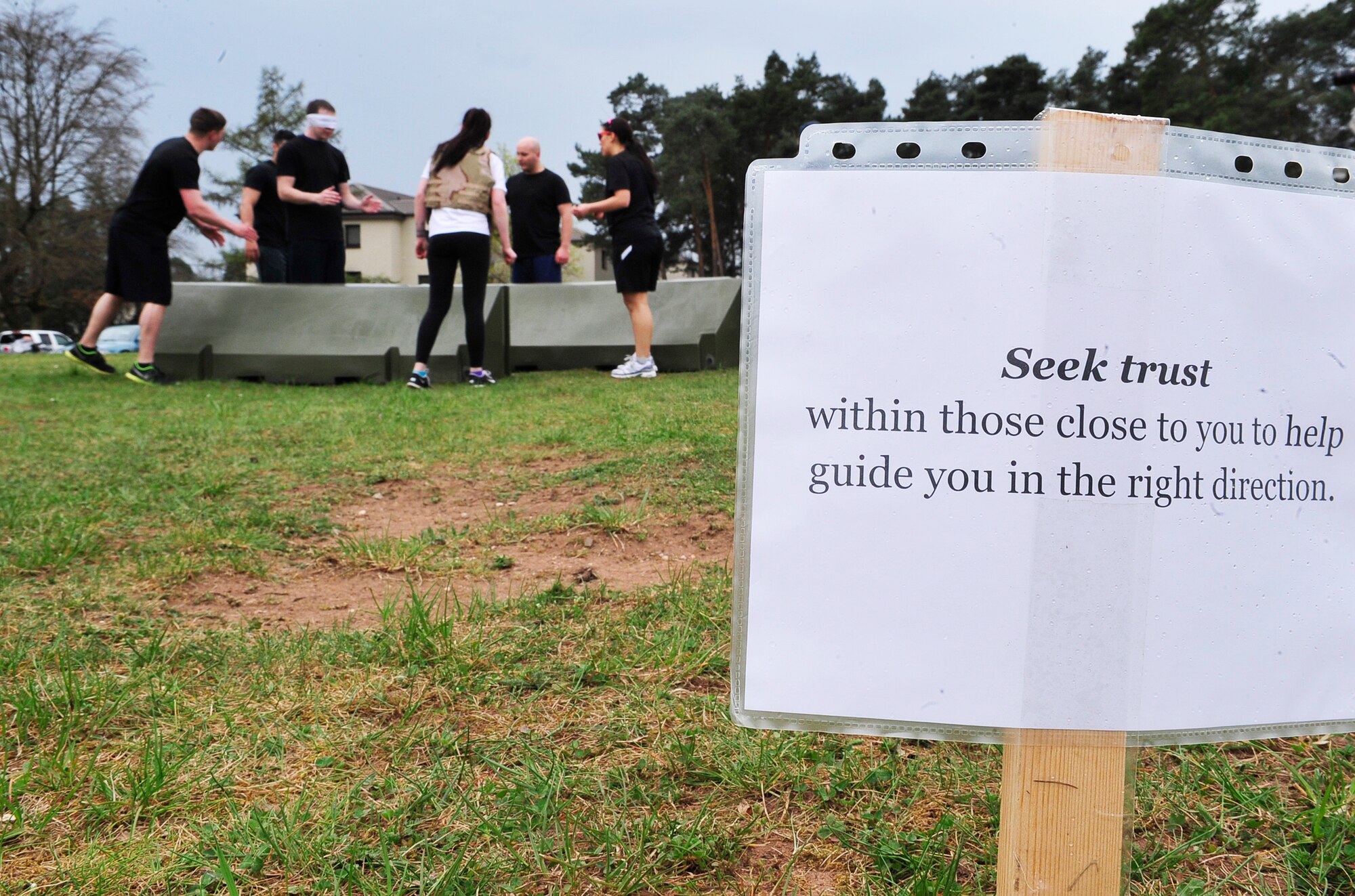 A clue is placed near an obstacle as part of the Courage, Leadership, Education, Advocacy and Respect Challenge April 17, 2015 at Ramstein Air Base, Germany. The CLEAR Challenge teams guided a blindfolded teammate through a maze as one of the obstacles. The challenge represented different encounters a sexual assault victim may be faced with. (Airman 1st Class Larissa Greatwood)