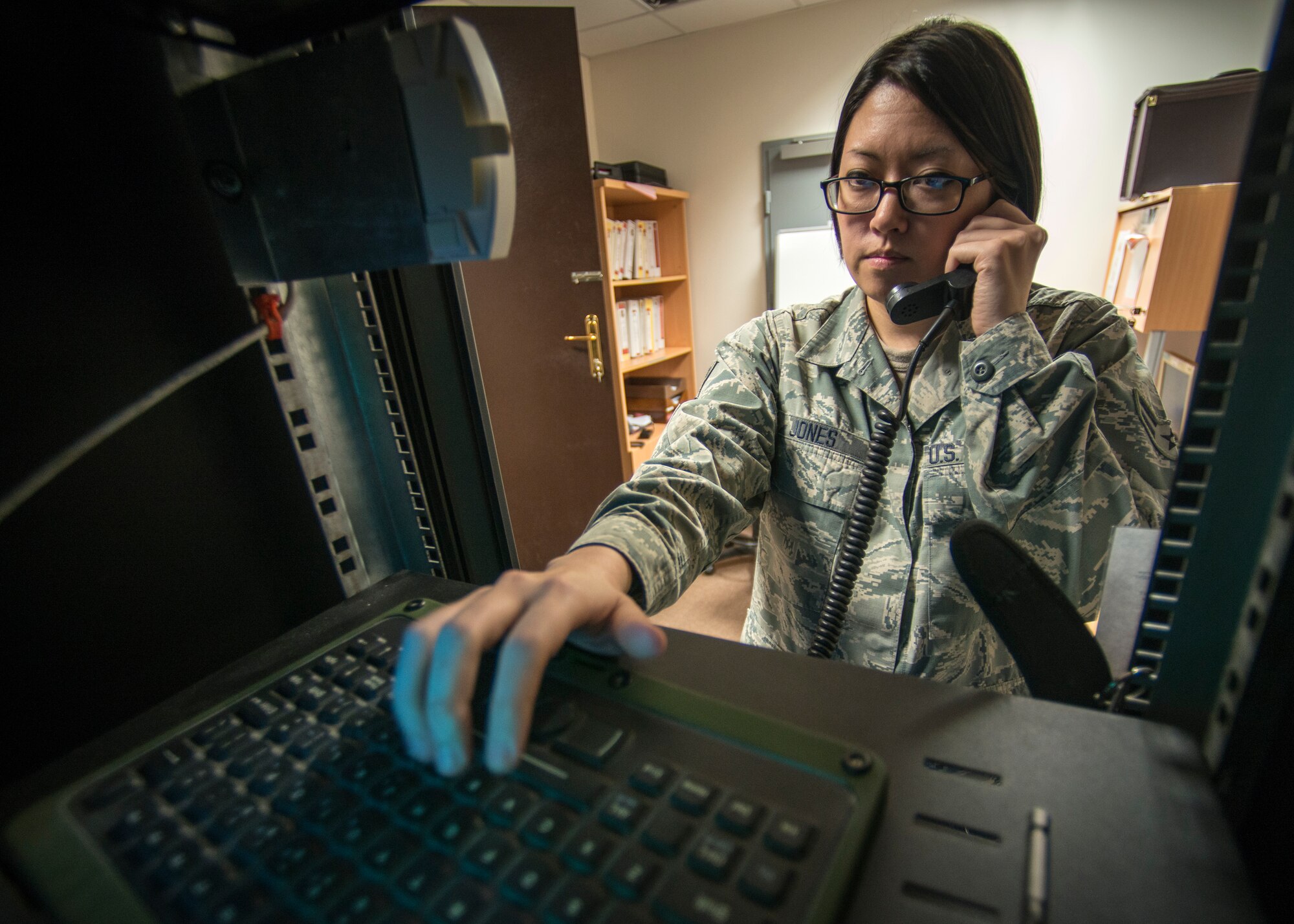 Airman 1st Class Tammy Jones, 39th Air Base Wing Command Post controller, performs a communications check with U.S. Air Forces in Europe and Air Forces Africa at Ramstein Air Base, Germany March 23, 2015, at Incirlik Air Base, Turkey. Recently, the 39th Air Base Wing Command Post garnered the USAFE - AFAFRICA 2014 Medium Command Post Unit-Level of the Year Award alongside the 728th Air Mobility Control Center winning the 521st Air Mobility Operations Wing Medium Air Combat Command of the Year Award. (U.S. Air Force photo by Airman 1st Class Cory W. Bush/Released)