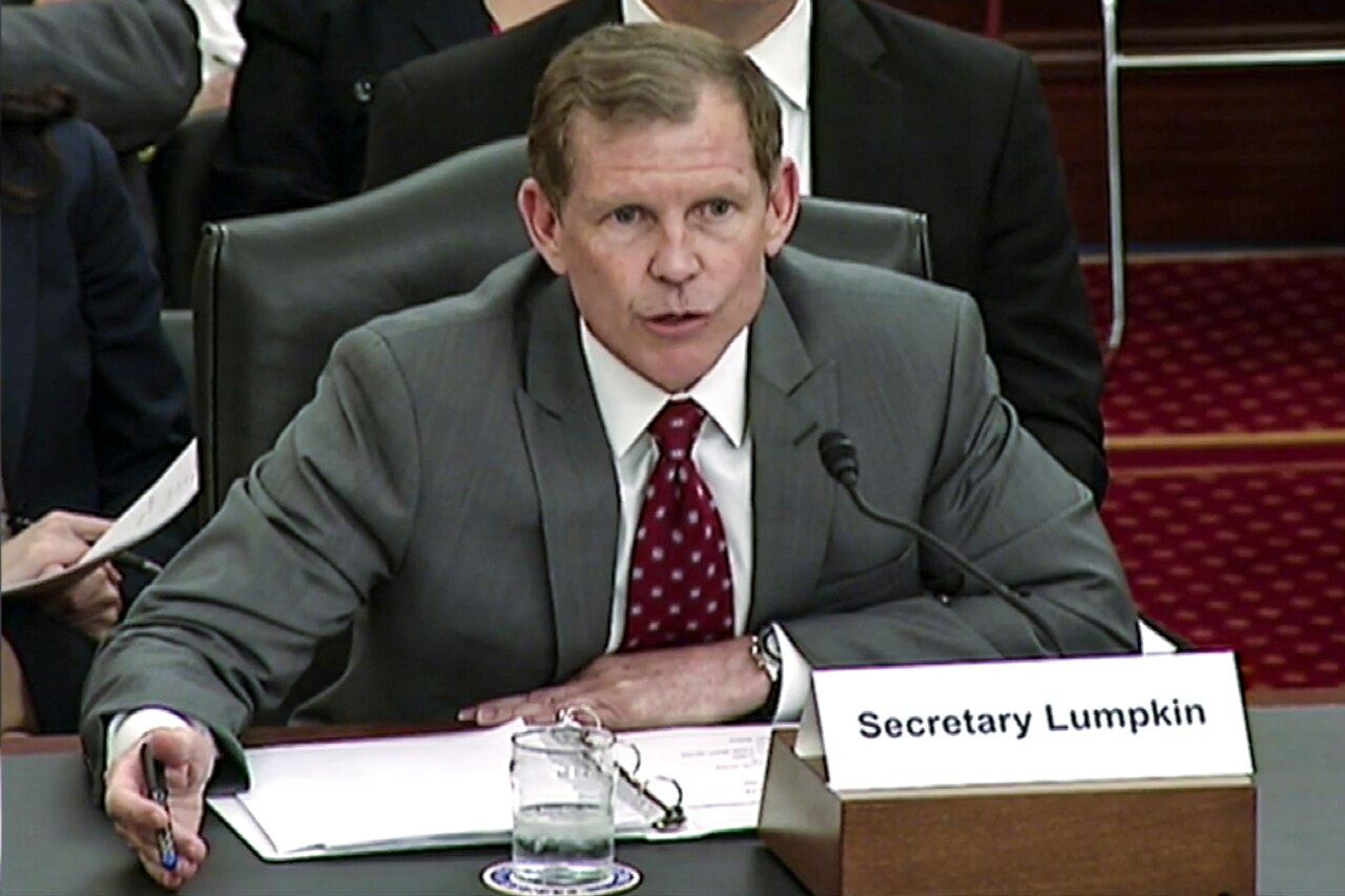 Michael D. Lumpkin, assistant secretary of defense for special operations and low-intensity conflict, addresses the Defense Department's policy and programs to counter threats to the nation from terrorism and irregular warfare during a hearing of the Senate Armed Services Committee's subcommittee on emerging threats and capabilities, April 21, 2015. DoD screen shot