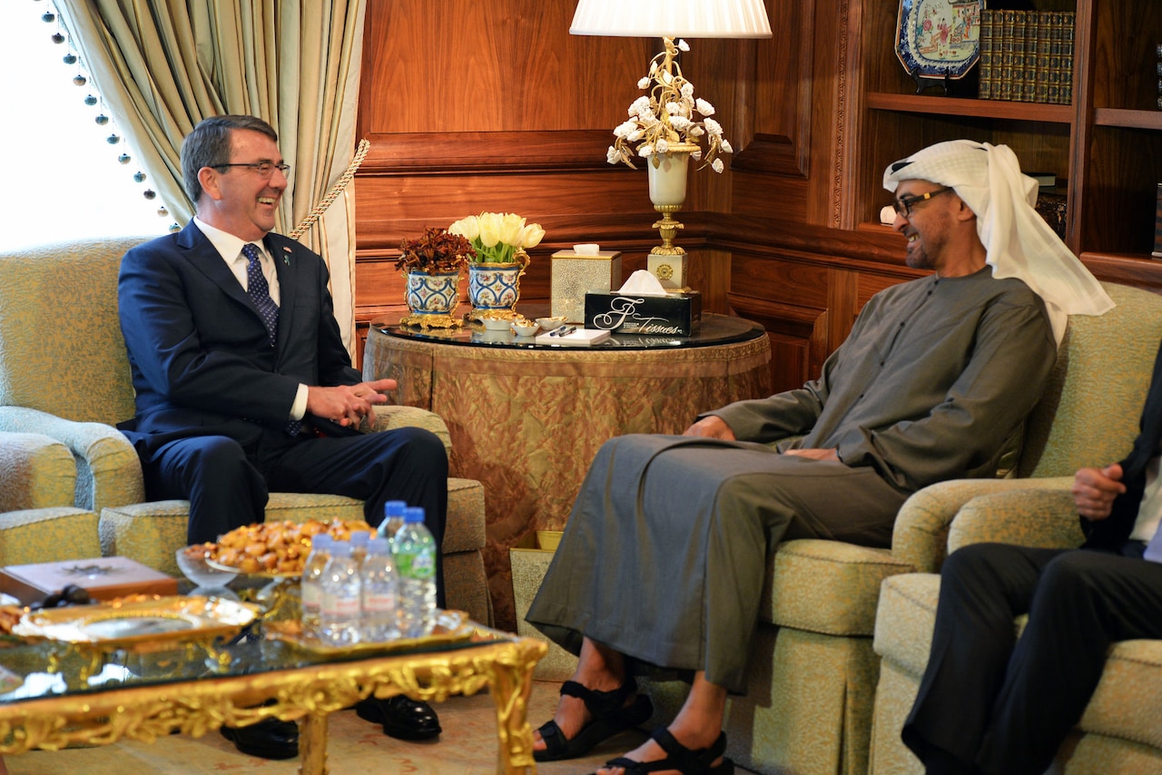 U.S. Defense Secretary Ash Carter, left, meets with Crown Prince Mohammed Bin Zayed Al Nahyan of the United Arab Emirates to discuss the U.S.-UAE bilateral defense relationship and other issues in Washington, D.C., April 20, 2015. DoD photo by U.S. Army Sgt. 1st Class Clydell Kinchen