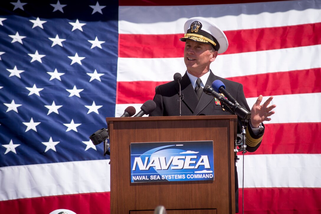 Navy Adm. Jonathan W. Greenert, chief of naval operations, delivers remarks during a renaming ceremony for the Humphreys Building at the Washington Navy Yard in Washington, D.C., April 20, 2015.