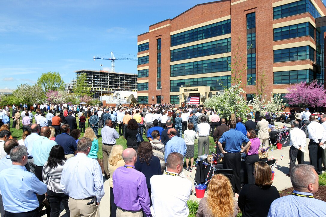 Naval Sea Systems Command employees and guests attend the renaming ceremony for the the Humphreys Building, formerly Building 197, at the Washington Navy Yard in Washington, D.C., April 20, 2015. 