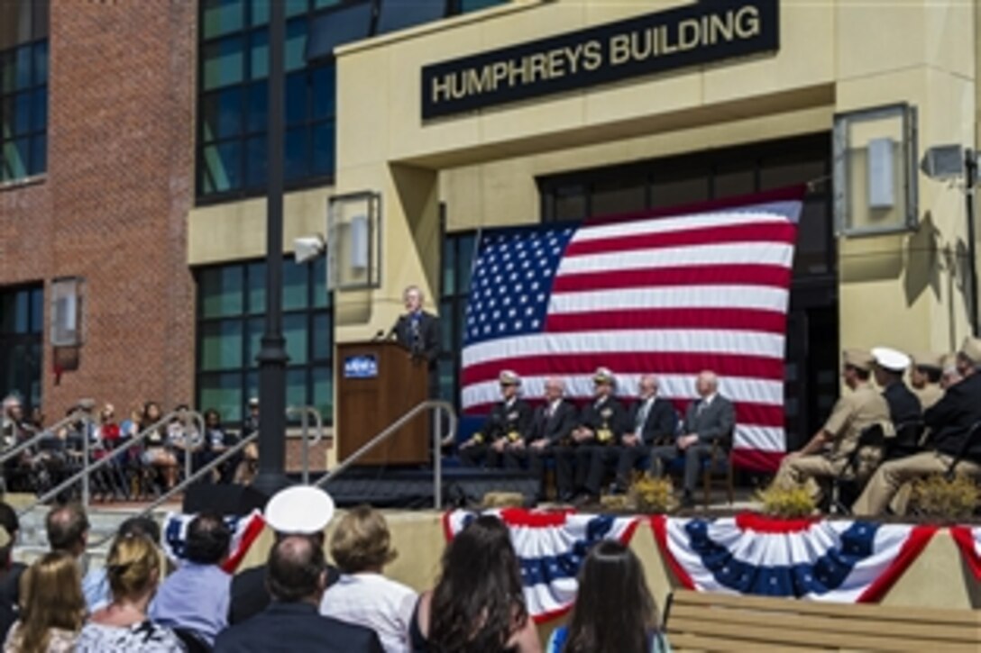 Navy Secretary Ray Mabus offers remarks at a renaming ceremony for the Humphreys Building at the Washington Navy Yard in Washington, D.C., April 20, 2015. The building, recently reopened after a gunman killed 12 people Sept. 16, 2013, is the headquarters for the Naval Sea Systems Command. It was named after Joshua Humphreys, the architect of the original six U.S. Navy frigates, including the USS Constitution.

