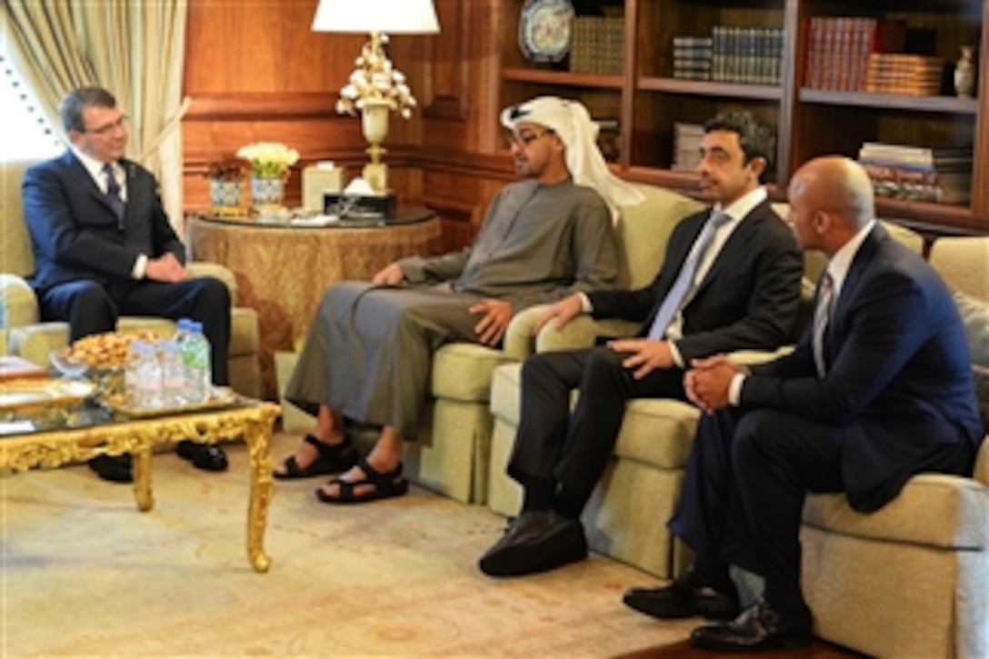 U.S. Defense Secretary Ash Carter meets with Crown Prince Mohammed Bin Zayed Al Nahyan of the United Arab Emirates, third from right, and Yousef Al Otaiba, right, the Emirati ambassador to the United States, in Washington, D.C., April 20, 2015. They discussed the U.S.-UAE bilateral defense relationship and other issues.