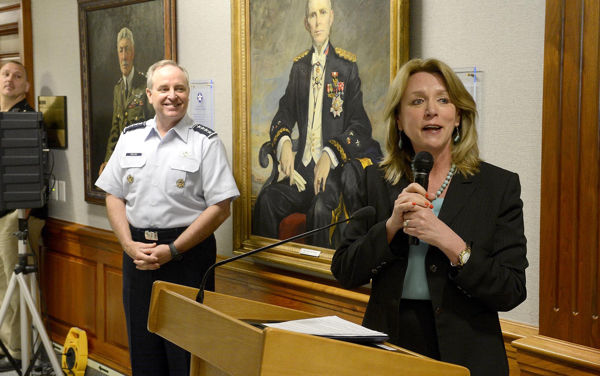 Secretary of the Air Force Deborah Lee James talks to members of the Air Staff who lined the Arnold Corridor in recognition of Sexual Assault Awareness and Prevention, in the Pentagon, April 20, 2015. The Air Force's senior leaders hosted the short hallway event to send the message, that while the official SAAPM concluded, sexual assault prevention is all year long. (U.S. Air Force photo/Scott M. Ash)