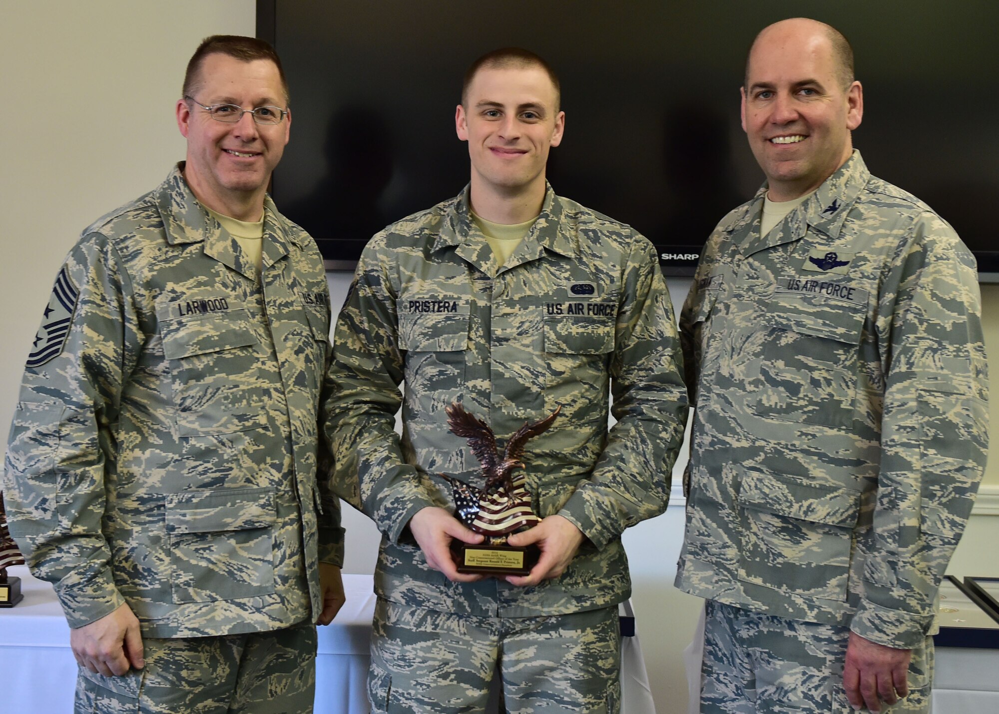 910th Airlift Wing 2014 Non-Commissioned Officer of the Year, Staff Sgt. Ronald Pristera, Jr., poses with 910th Airlift Wing Command Chief Master Sgt. Steven Larwood and 910th Airlift Wing Commander Col. James Dignan, after receiving his award at a ceremony April 12. Pristera is cyber systems operations specialist with the 910th Communications Squadron. (U.S. Air Force photo/Senior Airman Rachel Kocin)