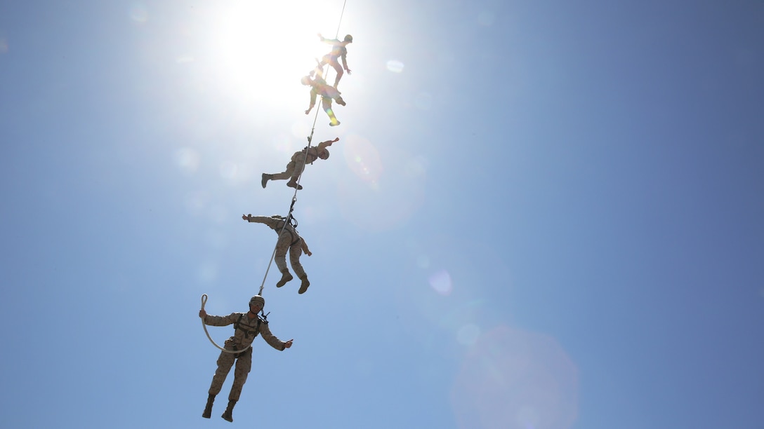 Reconnaissance Training Company Marines received an aerial view of Marine Corps Base Camp Pendleton, California during Special Patrol Insertion/Extraction training at San Mateo Landing Zone, April 17. The Marines, students of the Basic Reconnaissance Course, took turns being hoisted into the air by helicopter during the SPIE portion of their Helicopter Rope Suspension Training. During the course of HRST the students learn SPIE rigging, rappelling and fast rope techniques. 
