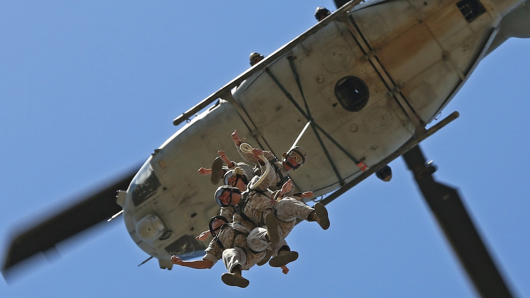 Reconnaissance Training Company Marines received an aerial view of Marine Corps Base Camp Pendleton, California during Special Patrol Insertion/Extraction training at San Mateo Landing Zone, April 17. The Marines, students of the Basic Reconnaissance Course, took turns being hoisted into the air by helicopter during the SPIE portion of their Helicopter Rope Suspension Training. During the course of HRST the students learn SPIE rigging, rappelling and fast rope techniques. 
