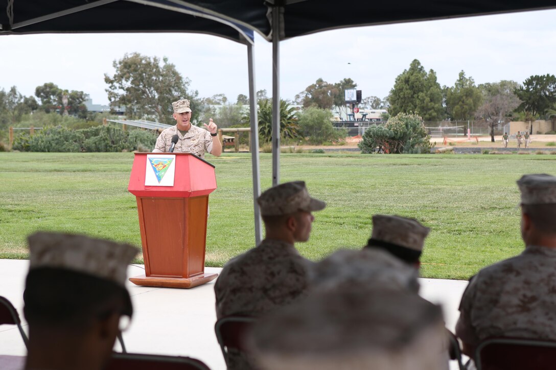 Col. John Farnam, commanding officer of Marine Corps Air Station Miramar, shares his stance on sexual assault during a ceremony closing the Sexual Assault Awareness Month Walk aboard Marine Corps Air Station Miramar, California, April 20. The annual walk encourages the prevention of sexual assault and related incidents on and off the instillation. (U.S. Marine Corps photo by Sgt. Melissa Wenger/Released)