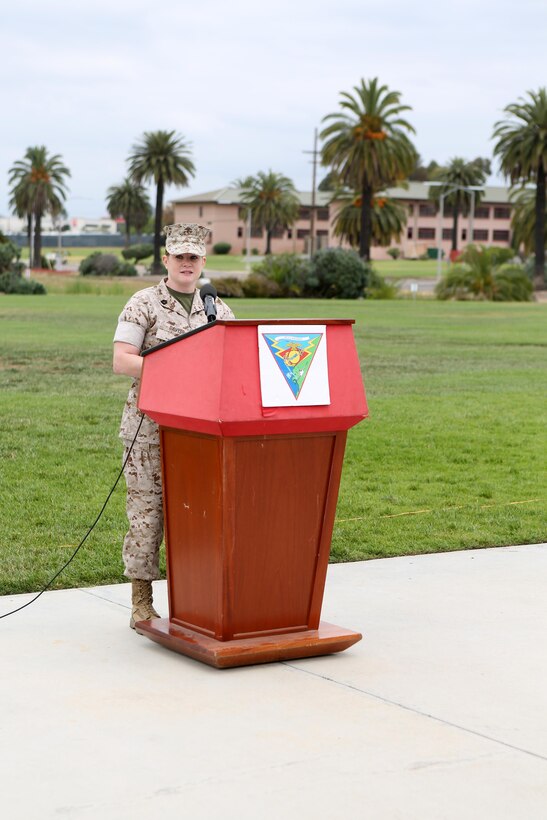 Gunnery Sgt. Christie Davis, a wing inspector with Marine Wing Headquarters Squadron 3 and a Greenville, South Carolina, native, shares her experiences during a ceremony closing the Sexual Assault Awareness Month Walk aboard Marine Corps Air Station Miramar, California, April 20. The annual walk encourages the prevention of sexual assault and related incidents on and off the instillation. (U.S. Marine Corps photo by Sgt. Melissa Wenger/Released)
