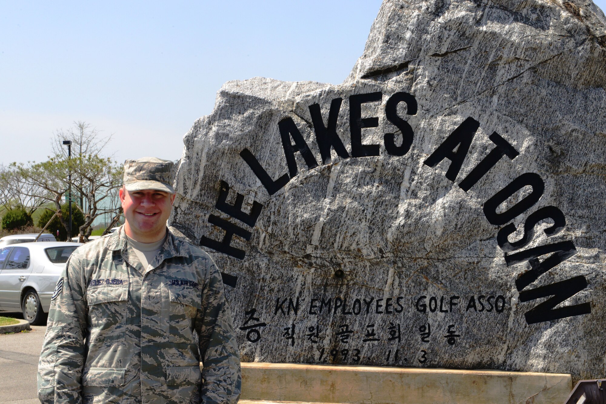 Staff Sgt. Tomas Velez-Ojeda, 51st Munitions Squadron munition controller, poses outside the golf course at Osan Air Base, Republic of Korea April 17, 2015. Velez-Ojeda was chosen as a Team Osan Spotlight award winner. Individuals who are chosen for this spotlight recognition are distinguished as consistent, superior performers within their squadrons. (U.S. Air Force photo by Staff Sgt. Benjamin Sutton/Released)
