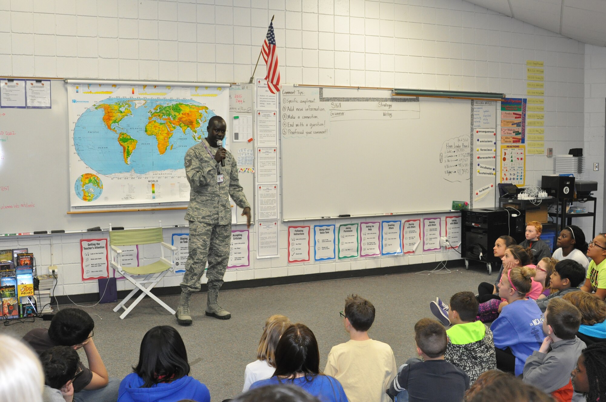 BELLEVUE, Neb. -- U.S. Air Force Tech. Sgt. Deng Pour, a chaplain’s assistant with the 55th Wing Chapel, speaks to nearly 60 Leonard Lawrence Elementary School students March 24 in Bellevue, Nebraska. He shared his personal journey of resiliency about growing up in South Sudan.