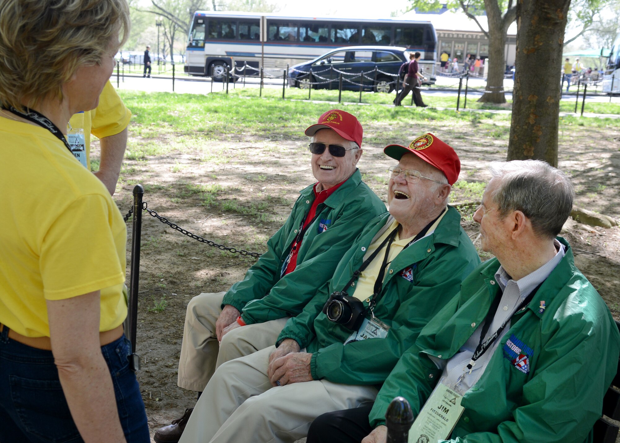 U.S. Armed Forces World War II veterans Frank Conlon, Jack Watson and James Fitzgerald converse about the honor flight near the Korean War Veterans Memorial in Washington, D.C., April 18, 2015. The Honor Flight Historic Triangle Virginia brought the veterans to the United States Air Force Memorial, National World War II Memorial, Marine Corps War Memorial, Korean War Veterans Memorial and the National Museum of the Marine Corps while visiting D.C. (U.S. Air Force photo by Airman 1st Class Devin S. Michaels/Released)