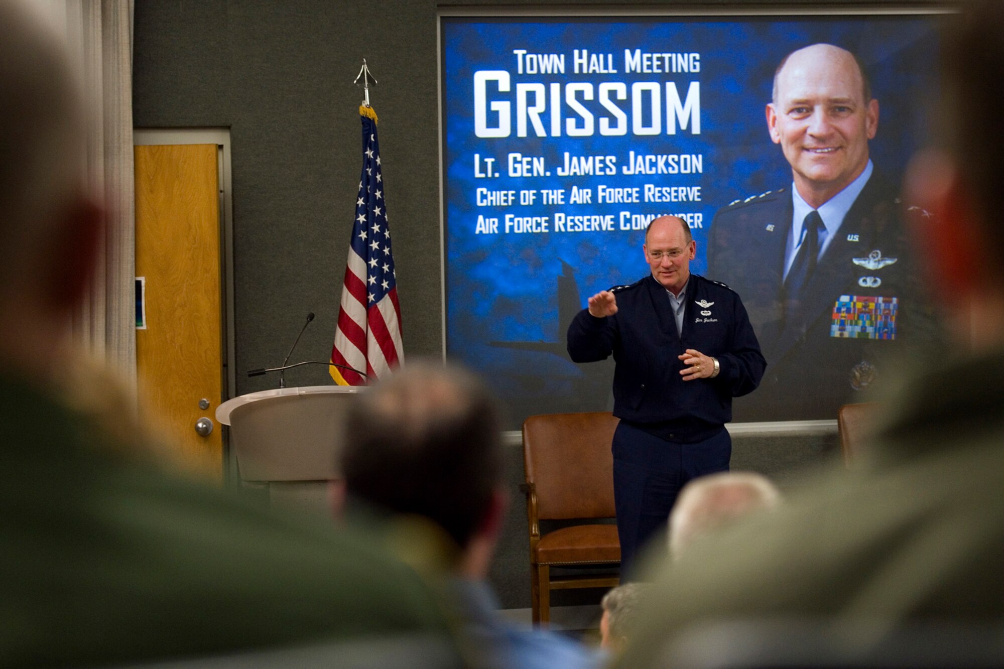 Lt. Gen. James Jackson, Chief of Air Force Reserve and Air Force Reserve Command commander, speaks to Airmen during a town hall meeting at Grissom Air Reserve Base, Ind., April 17, 2015. During the meeting the general discussed the future of the AFRC and thanked Grissom Airmen for their service and commitment to the Air Force. (U.S. Air Force photo/Tech. Sgt. Benjamin Mota)