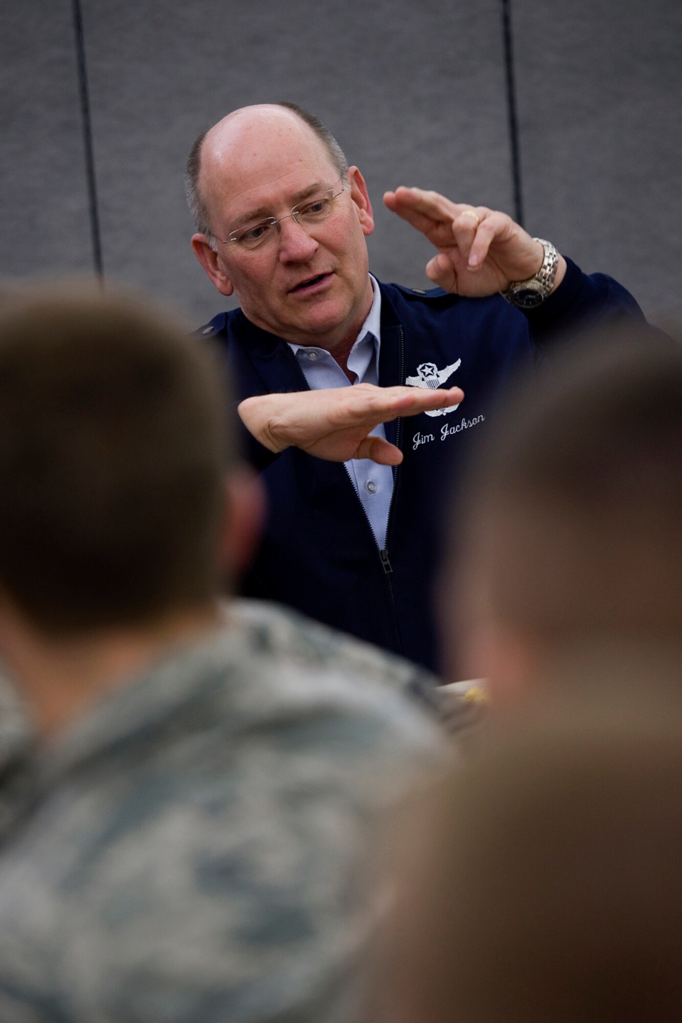 Lt. Gen. James Jackson, Chief of Air Force Reserve and Air Force Reserve Command commander, speaks to Airmen during a breakfast with seasoning training Airmen at Grissom Air Reserve Base, Ind., April 17, 2015. During the breakfast the general discussed the future of AFRC and the critical role new Airmen play in sustaining its mission. (U.S. Air Force photo/Tech. Sgt. Benjamin Mota)